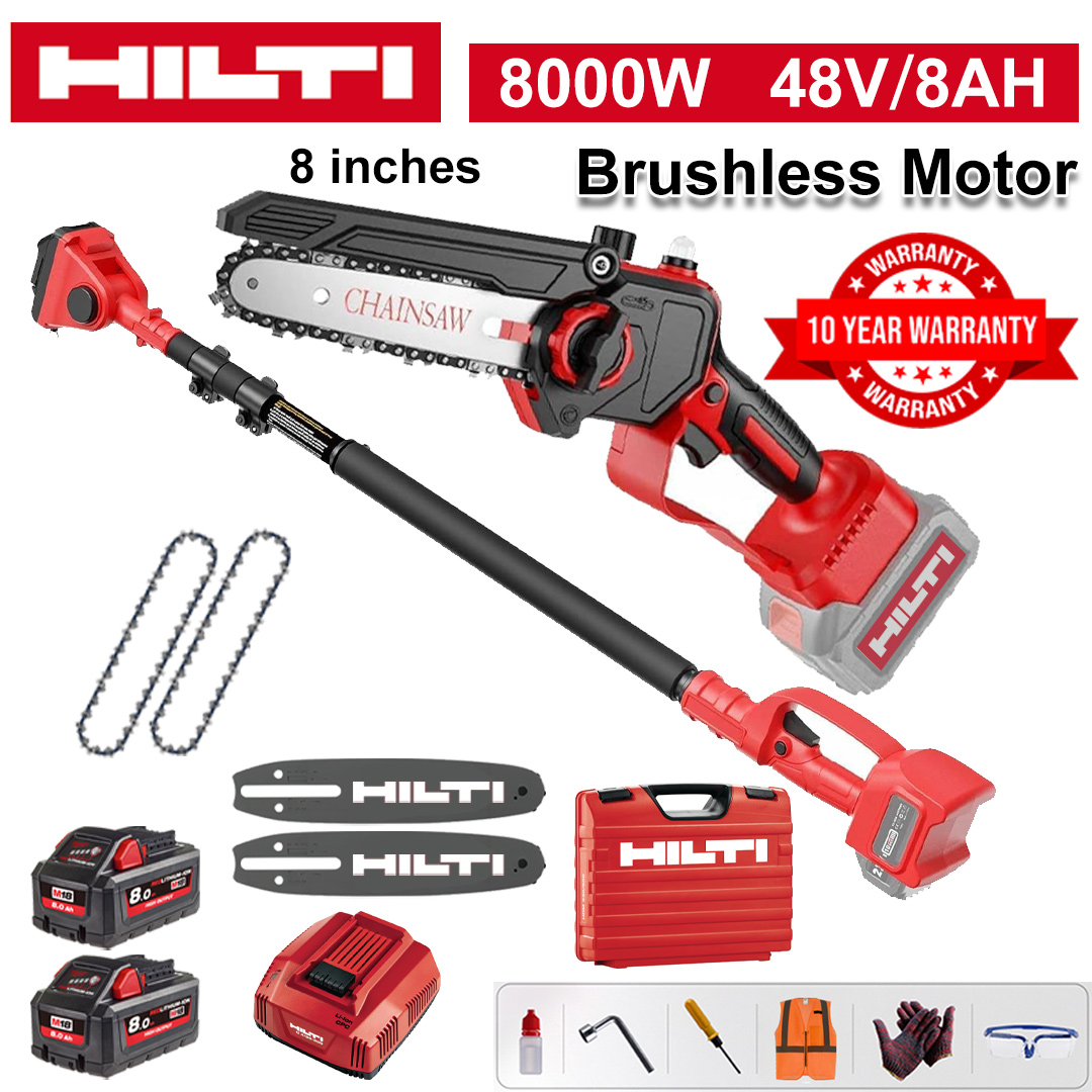 8 Inch Brushless Lithium Electric Saw, 8000W Power, 48V 8.0Ah Battery*2, Charger, Guide Plate*2, Chain*2, Tool Box, Lubricant & Goggles, Warranty five years(Equipped with Telescopic Pole )