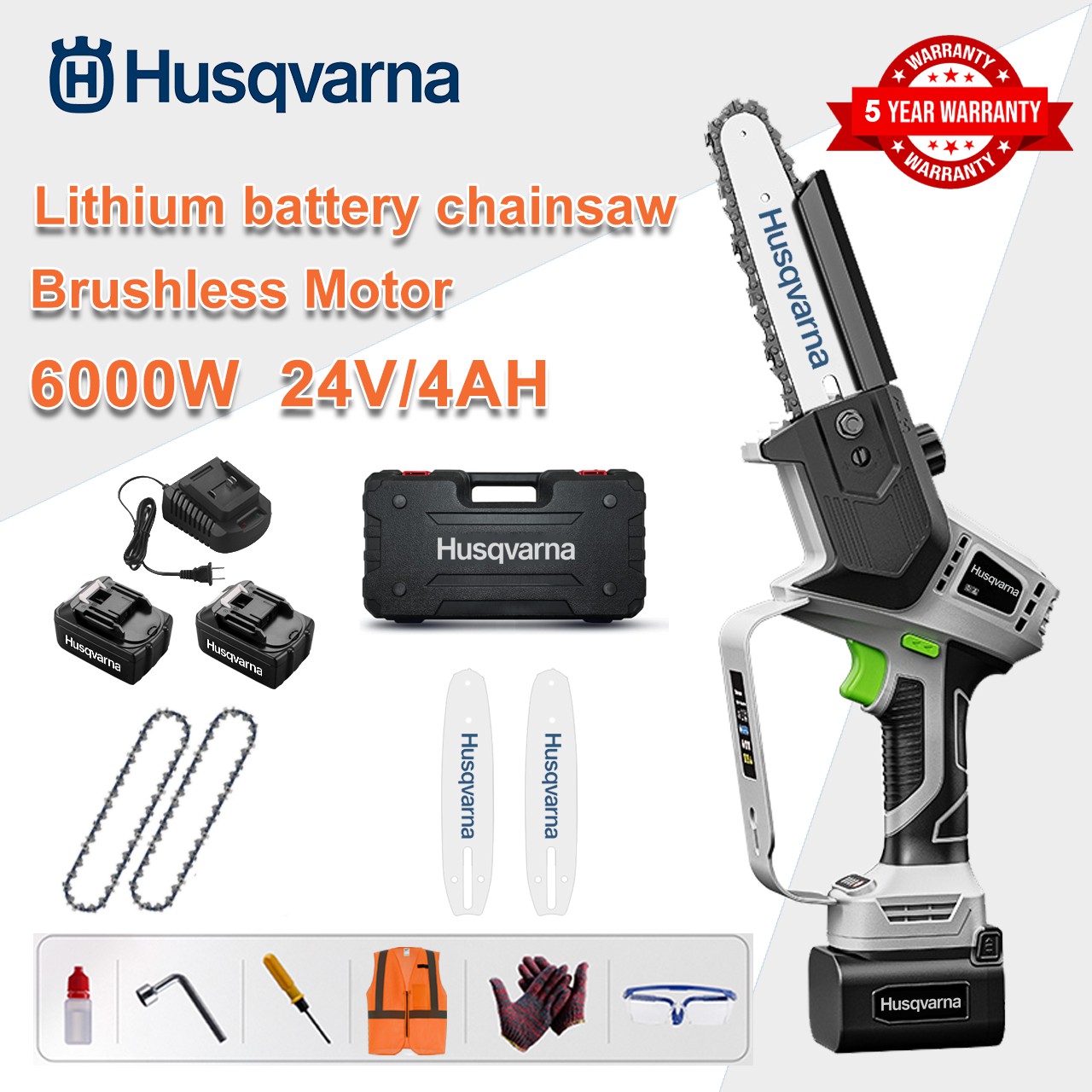 [Normal Model/5-Year Warranty] 8-Inch 6000W Lithium Electric Chain Saw, 24V Battery*2, Charger, Guide Plate*2, Chain*2, Tool Box, Lubricating Oil, Protective Glasses